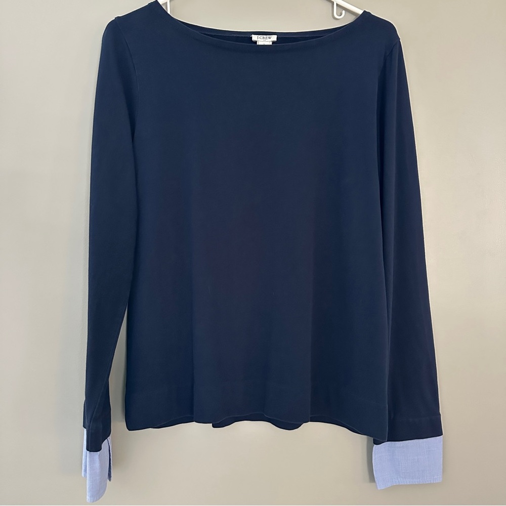 J. Crew Navy Long Sleeve Top with Light Blue Cuffs